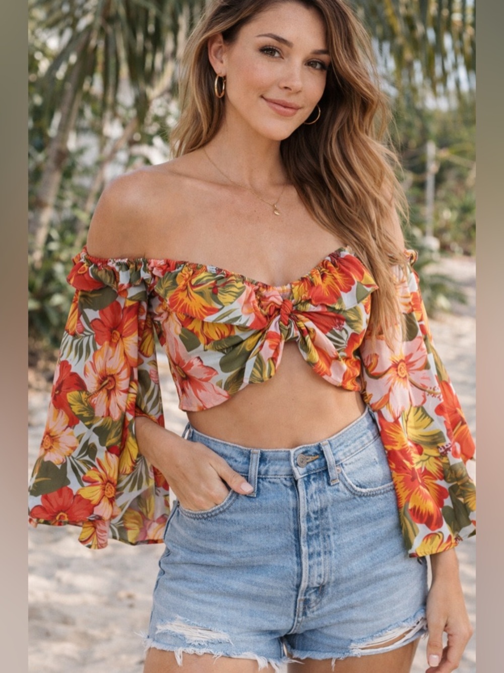 Love By Design Tropical Floral Crop Top Off Shoulder Bell Sleeve